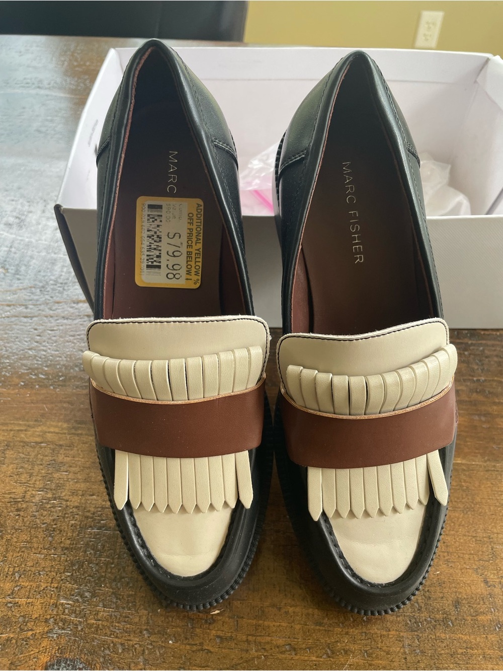 Marc Fisher Black, Brown & Cream Leather Fringe Loafers